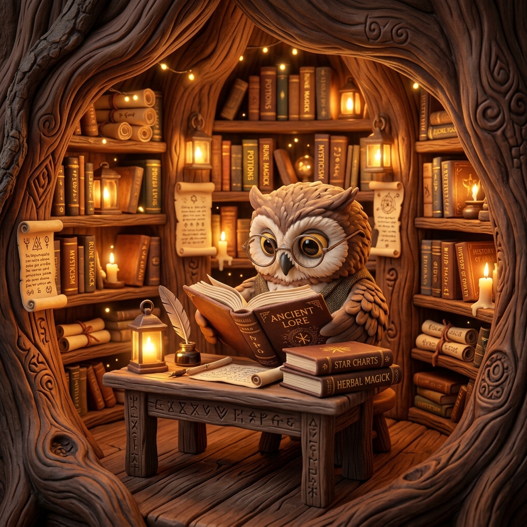 Mascot Owl Studying in Cozy Hollow Library
